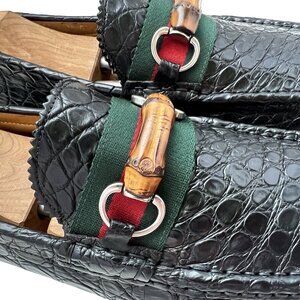 $4400 Gucci Crocodile Alligator Shoes Bamboo Bit Green Red Web Drivers Loafers 9